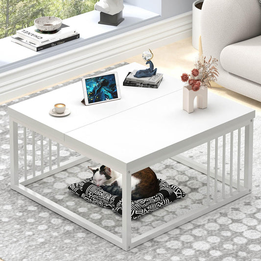 FOLUBAN White Coffee Table, Modern Rustic Wood and Metal Center Table, Industrial Simple Cocktail Tea Table for Living Room, 31.5 Inch