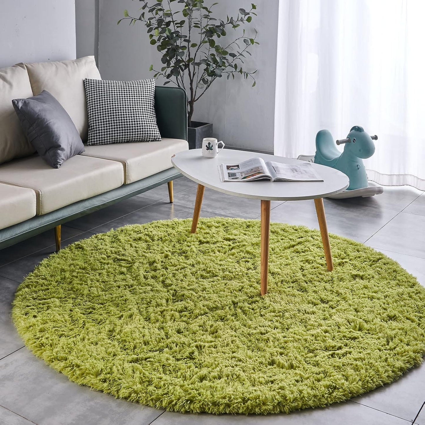 FJZFING Grass Green Round Rug Ultra-Soft Plush Modern 6x6 Circle Area Rug for Kid's Bedroom, Fluffy Shag Circular Rug for Nursery Room, Cute Grass Green Carpet for Teen's Room