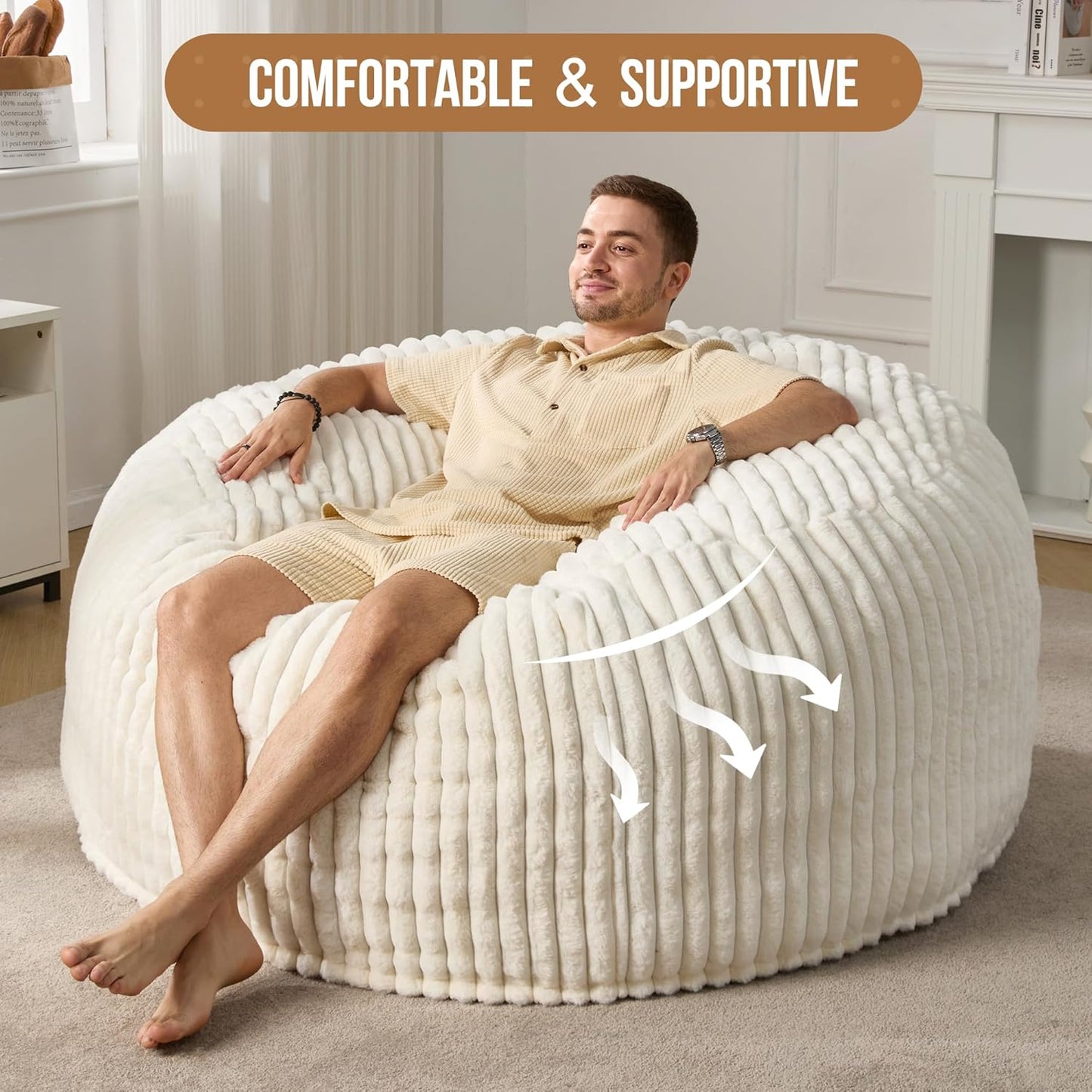 Hobestluk 5ft Bean Bag Chairs for Adults Large Beanbag Chair with Dutch Corded Plush Cover Big Bean Bag Chair for Living Room Bedroom Dorm Office - White (50” x 50” x 24”)