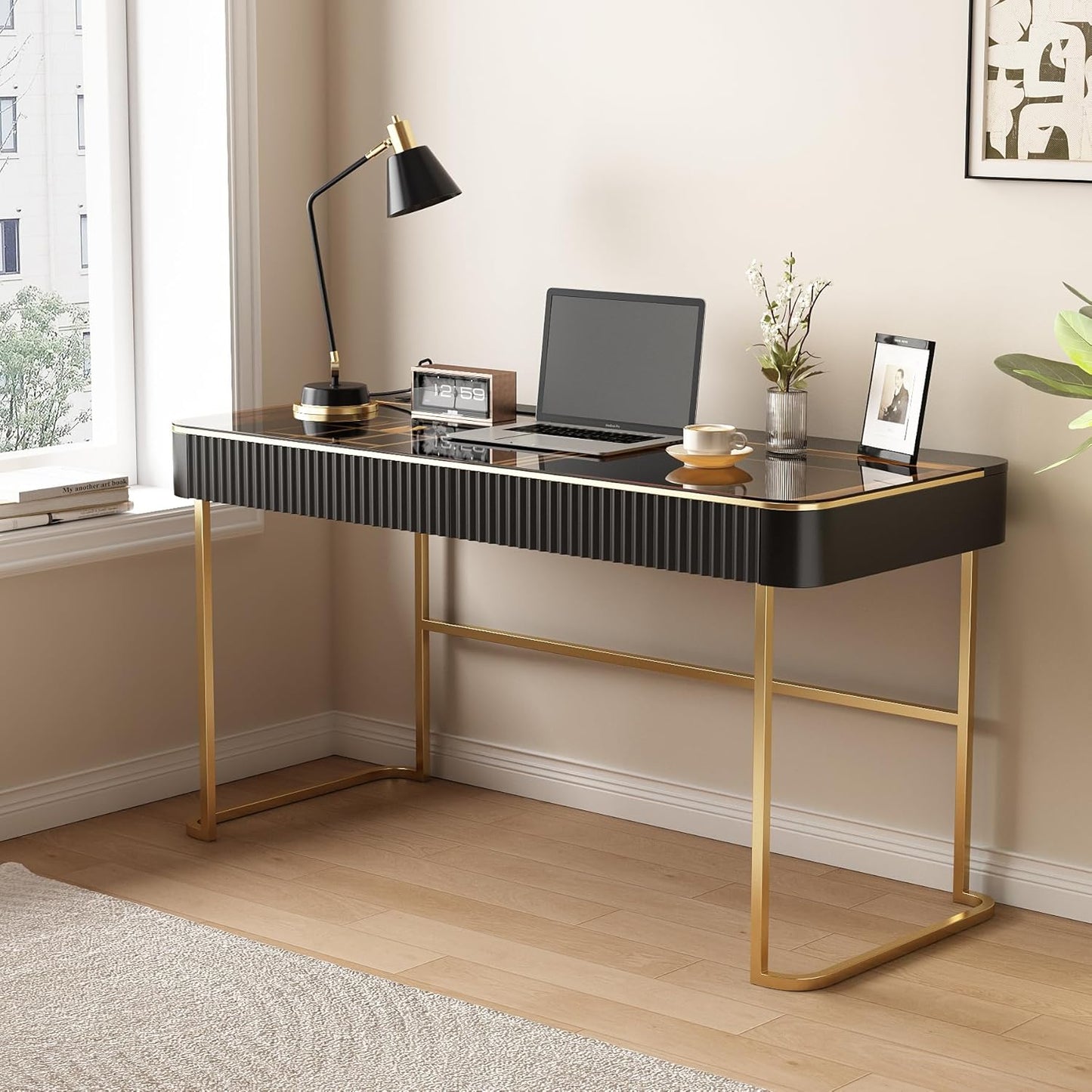 Lartis Modern Office Desk with Drawers,Glass Top Makeup Vanity Without Mirror Built-in USB Outlet Dressing Table Home Office Desk with Intelligent Socket,Very Easy to Assemble