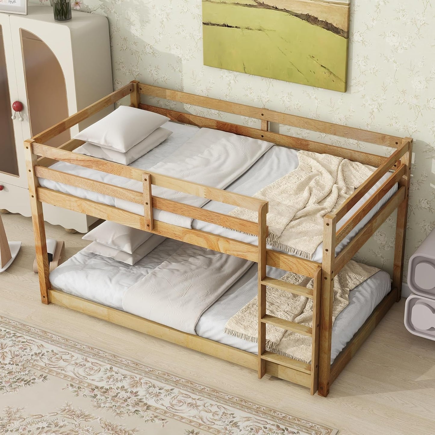 Ball & Cast Bunk Bed Twin Over Twin,Floor Bunk Bed with Ladder,Solid Rubber Wooden Bed Frame w/Full Length Guardrail,for Dormitory, No Box Spring Needed,for Kids Teens,Natural