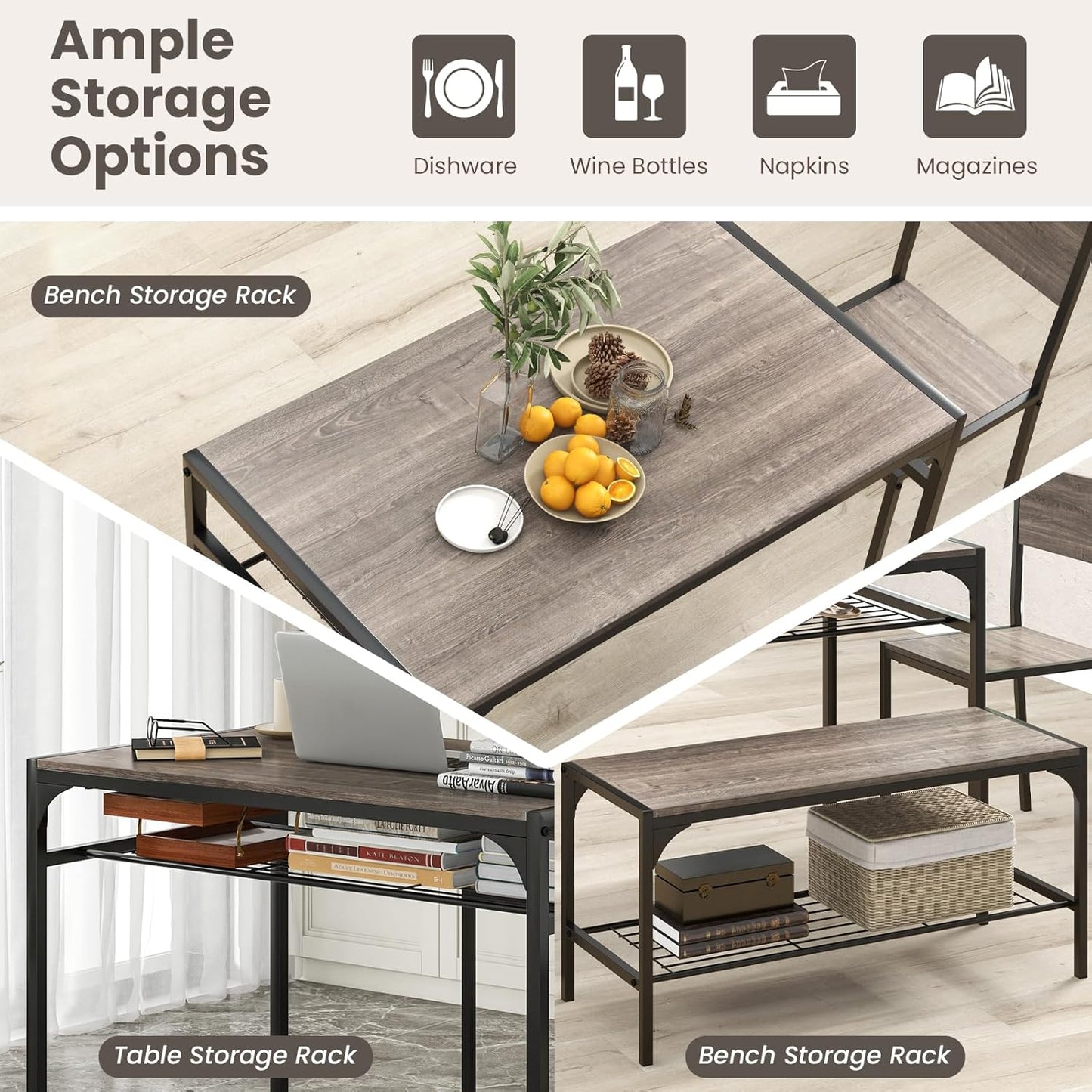 Tangkula Dining Table Set for 4, Kitchen Table and 2 Chairs for 4 with Bench, Additonal Storage Rack, 4 Piece Dining Table Set for Small Space, Apartment