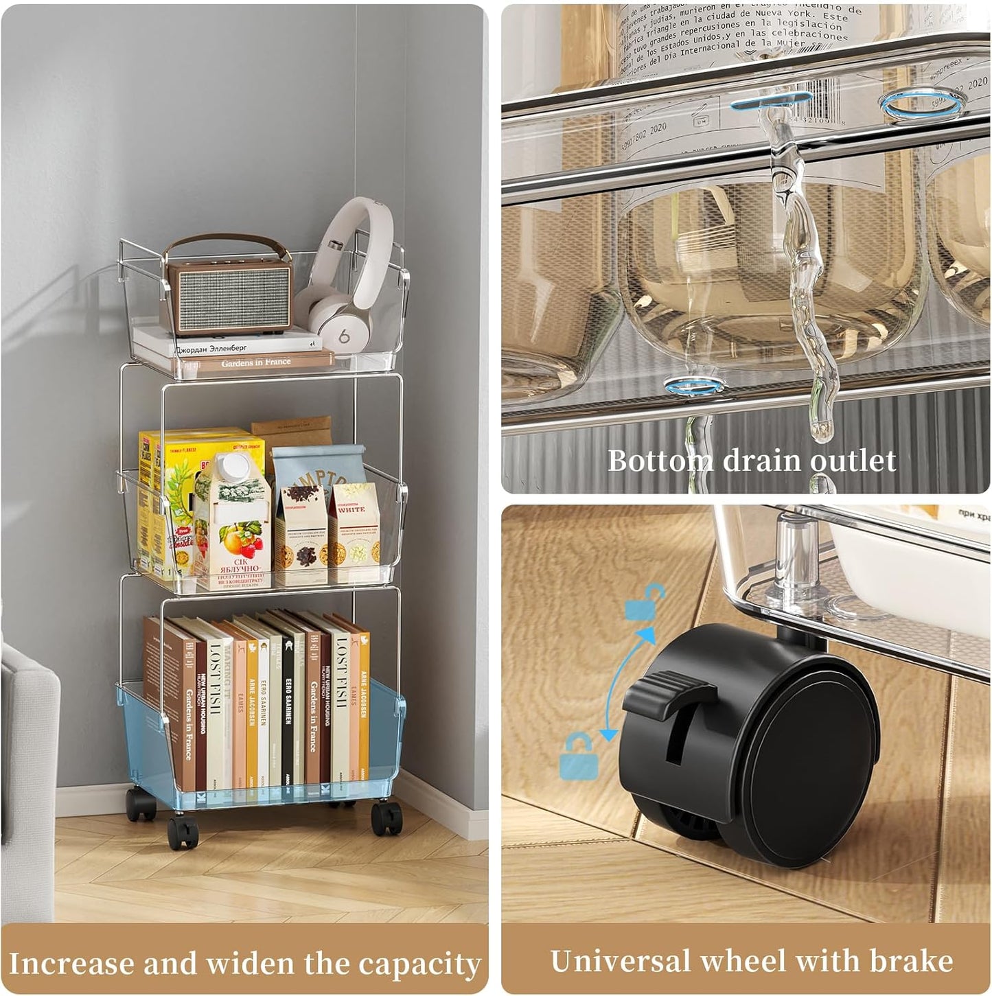 YCIA&DONE 3 Tier Rolling Cart, Storage Shelf Organizer with Lockable Caster Wheels,Transparent Slim Storage Cart for Bathroom, Laundry,Cosmetics