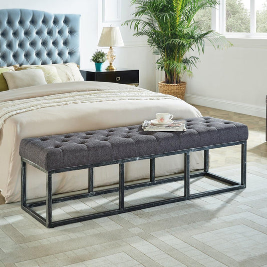 24KF Upholstered Tufted Long Bench with Metal Frame Leg, Linen Bench Ottoman with Padded Seat-Dark Gray