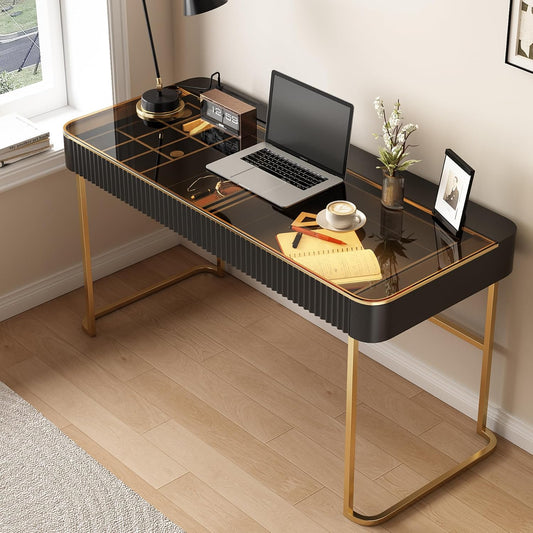 Lartis Modern Office Desk with Drawers,Glass Top Makeup Vanity Without Mirror Built-in USB Outlet Dressing Table Home Office Desk with Intelligent Socket,Very Easy to Assemble