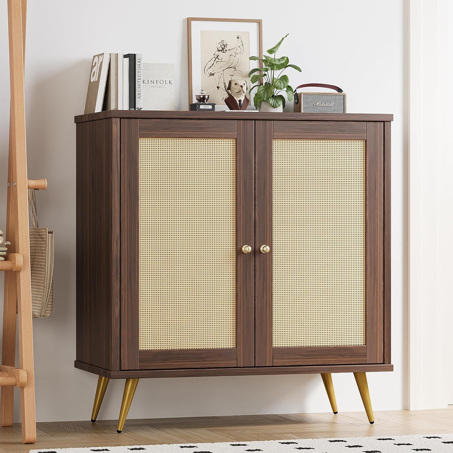 Shintenchi Rattan Buffet Cabinet with Storage, Sideboard Buffet Cabinet with Rattan Decor Doors, Modern Wood Cupboard for Kitchen Living Room Dining Room Hallway Entry,Brown