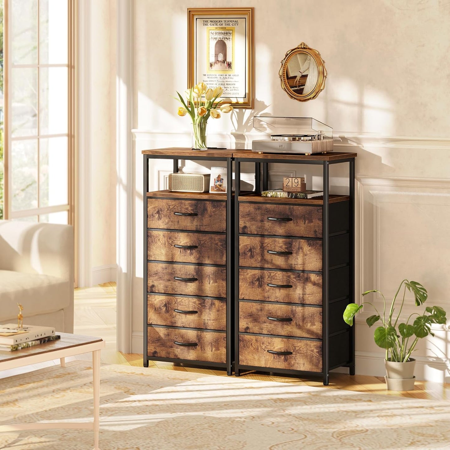 Huuger 5 Drawers Dresser with Charging Station, Set of 2, Dresser for Bedroom, Tall Night Stand, Chest of Drawers with Open Shelf, Bedside Table Nightstand, Fabric, Rustic Brown