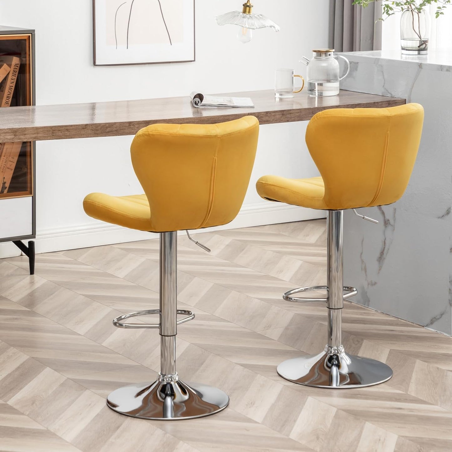 Roundhill Furniture Ellston Velvet Adjustable Swivel Barstools in Yellow, Set of 2