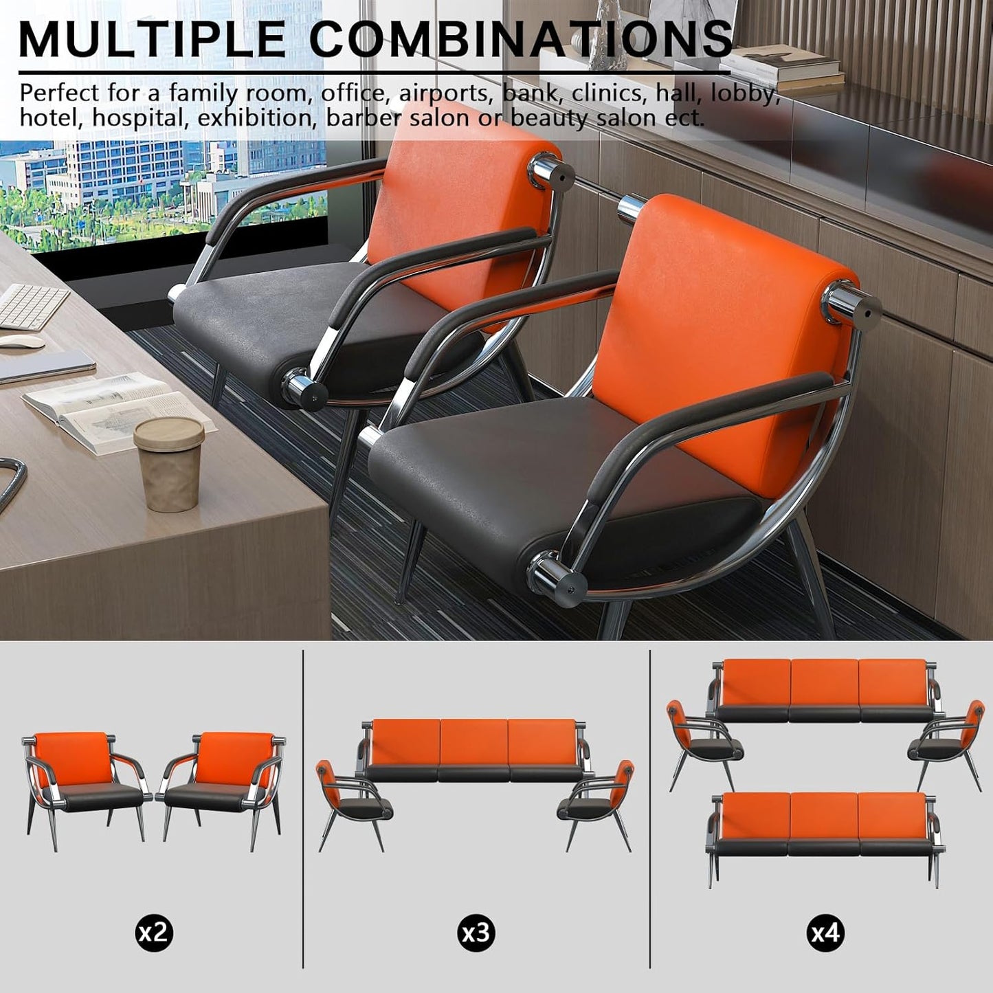 wonline 5 Seat Waiting Room Chair with Armrest PU Leather Office Furniture, Office Guest Seating Lobby Conference Reception Chairs for Airport Clinic Hospital Bank Salon Barber(Orange&Black)