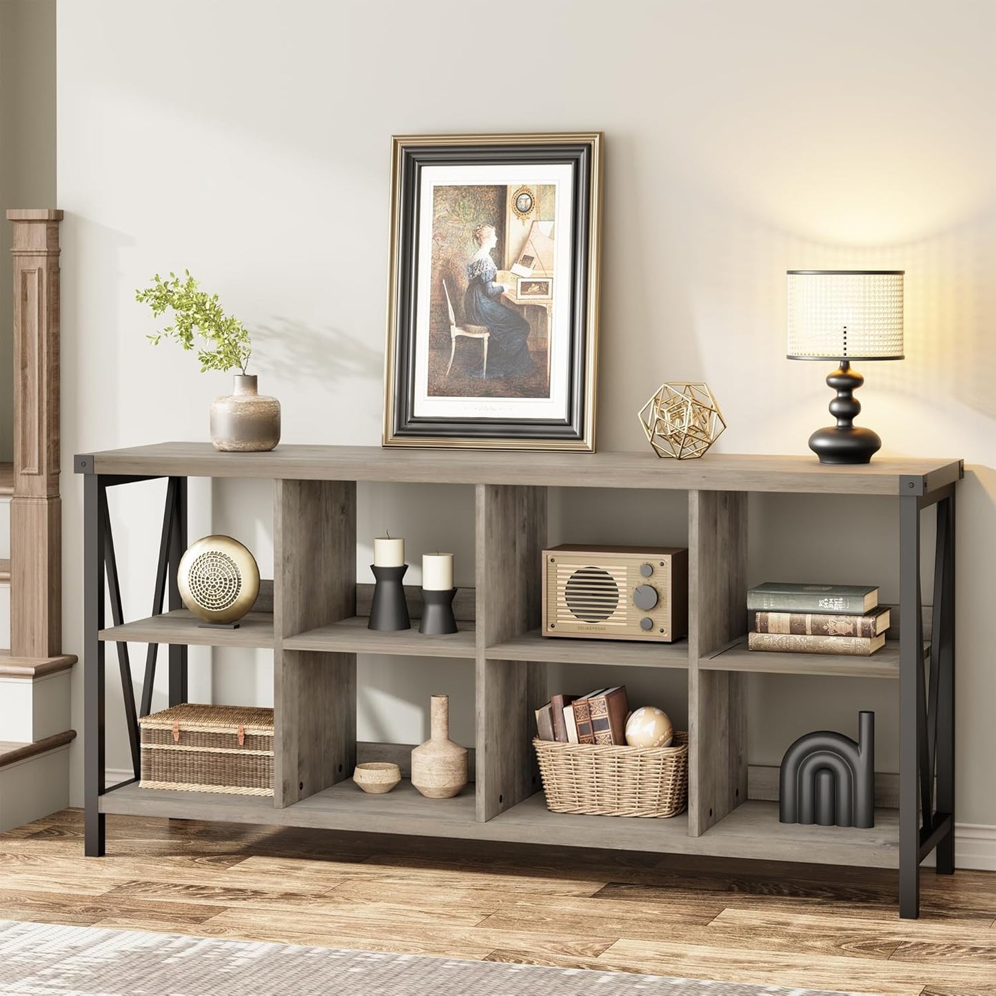 GarveeHome 8 Cube Storage Organizer Bookshelf, 3 Tier Metal Horizontal Bookcase, 62 Inch Console Bookshelf, Industrial Storage Bookcase for Entryway, Long Low Bookshelves for Living Room-Grey
