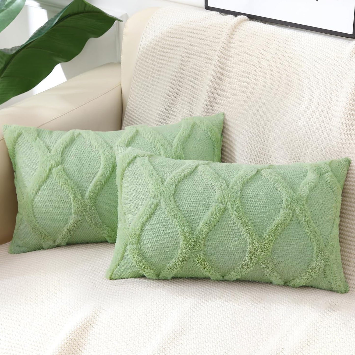 decorUhome Throw Pillow Covers 12x20 Inch Set of 2, Soft Plush Faux Fur Wool Lumbar Sage Green Couch Pillow Covers, Decorative Neutral Pillow Cases for Bed Sofa Living Room Home Decor