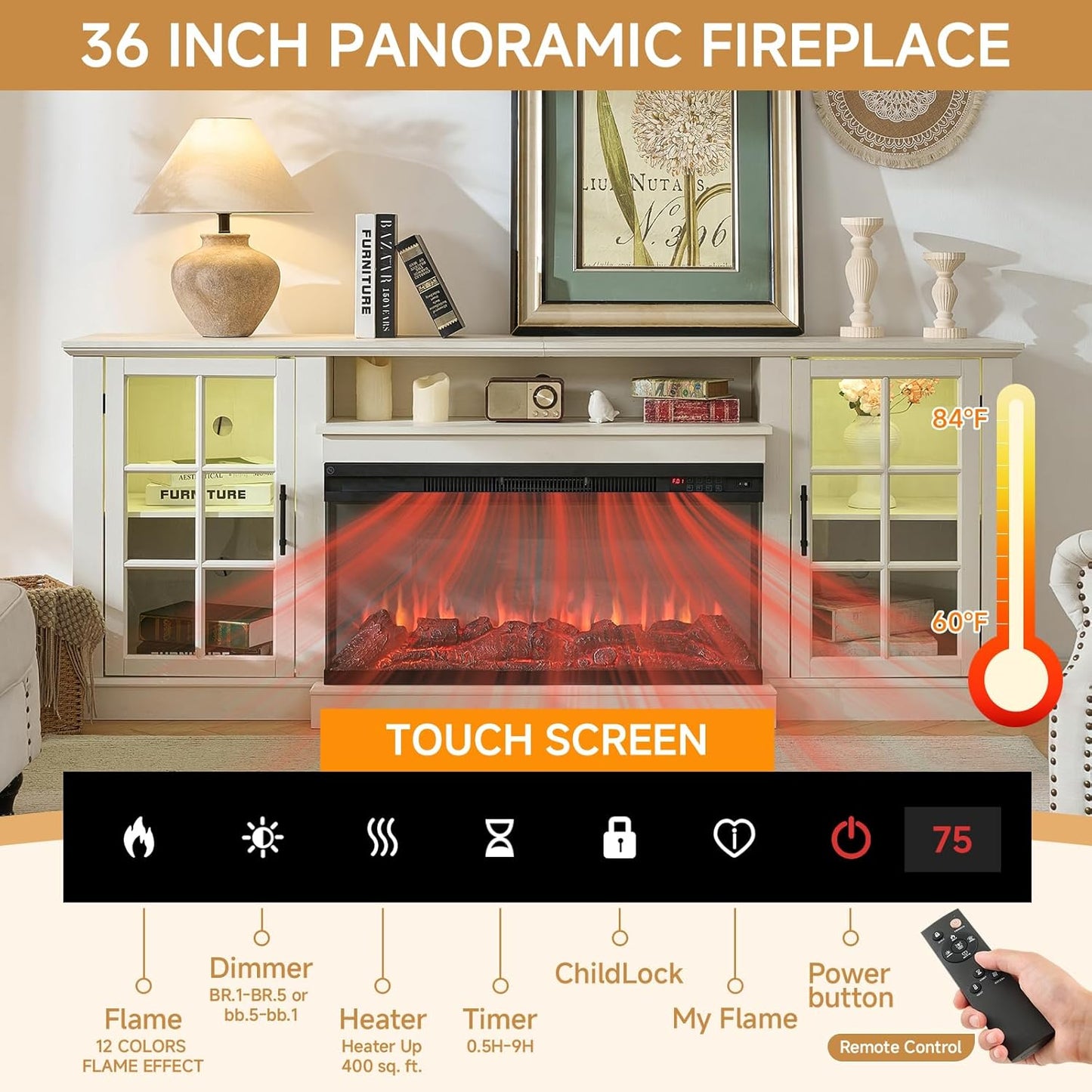 ROCKPOINT 3 Sided Glass 80" Fireplace TV Stand for TVs up to 90", Media Entertainment Center with Glass Door Storage Cabinet for Living Room,36" Electric Fireplace & Adjustable LED Light,White