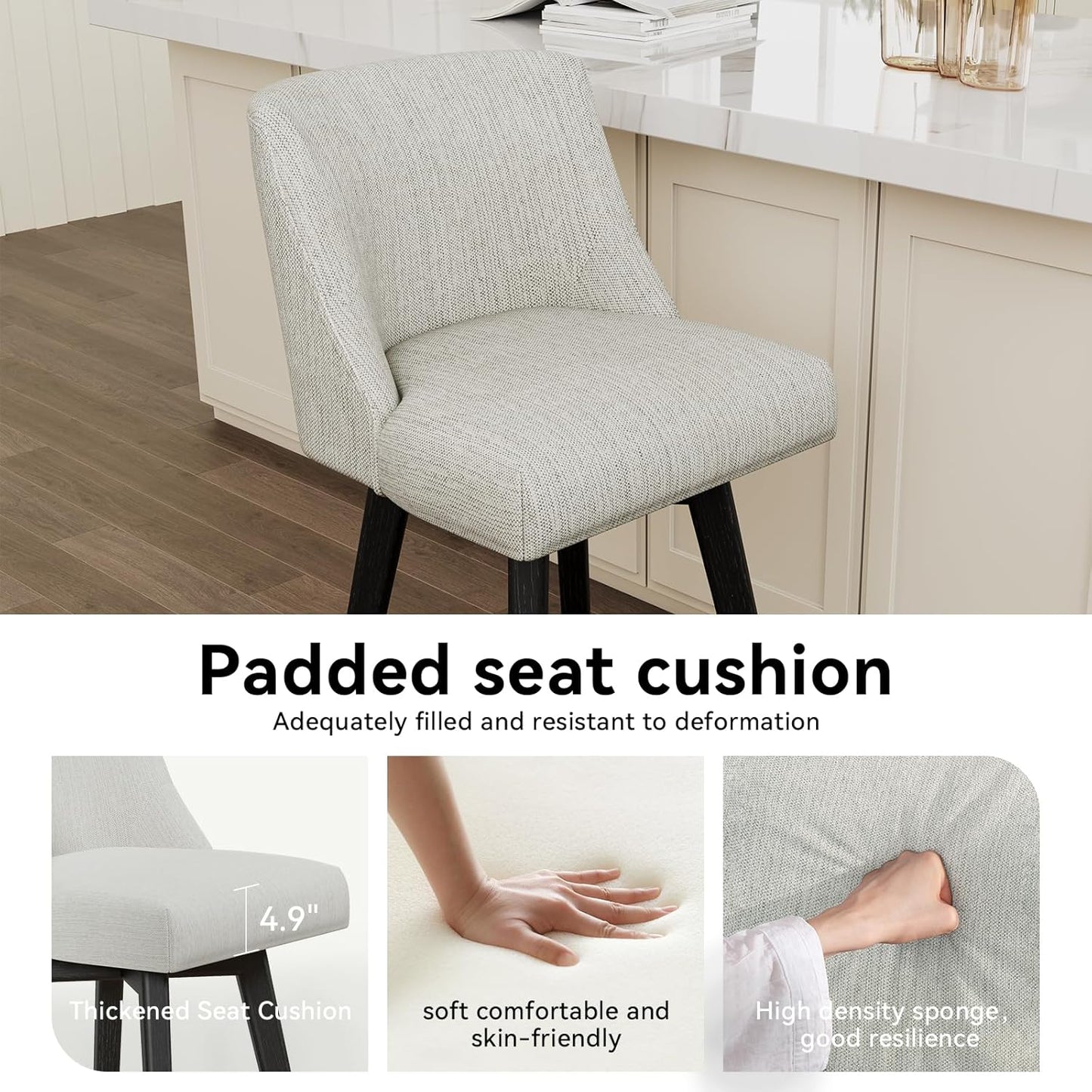 Vipbear Swivel Counter Height Bar Stools Set of 6,26.8" H Counter Stools with Back, Mid Century Modern Bar Stools for Kitchen Island,Linen Fabric,Wooden Base, White