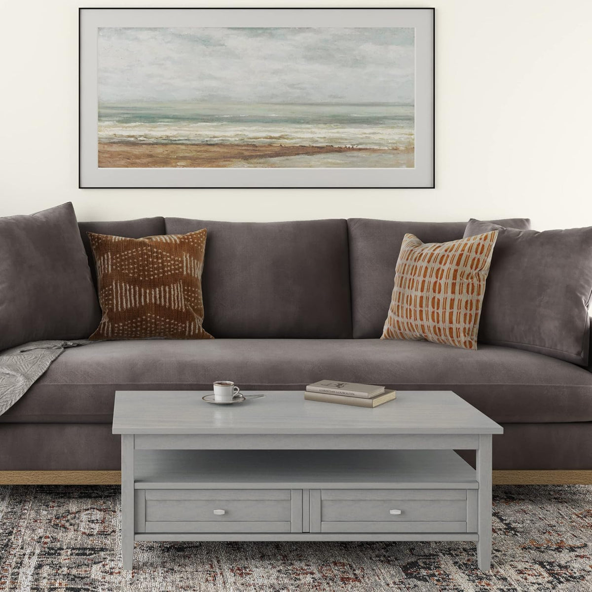 SIMPLIHOME Warm Shaker Coffee Table - 48 inch Wide Solid Wood Cocktail Table in Fog Grey, Transitional Living Room Table with 2 Storage Drawers and Open Shelf for Sitting Area or Lounge