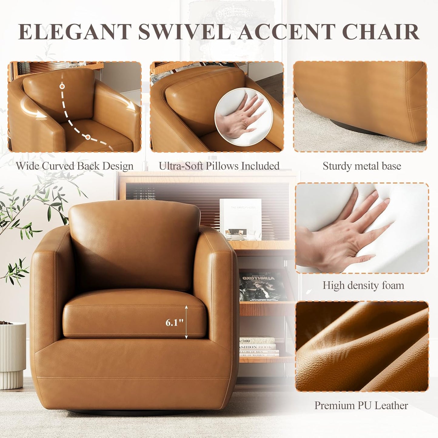 COLAMY 360° Swivel Accent Chair- Comfy Living Room Armchair No-Sag Foam & Sturdy Metal Base with Pillow, Fully Assembled Swivel Accent Single Sofa for Bedroom Living Room, Office, Brown