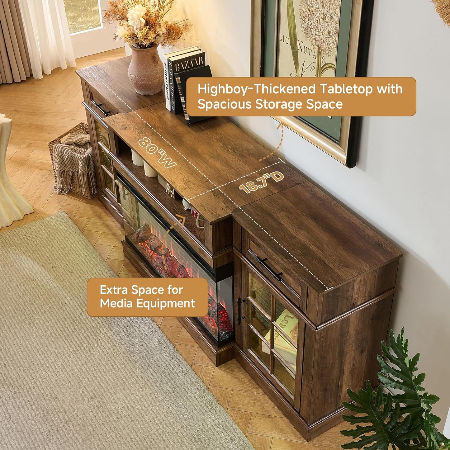 ROCKPOINT 3 Sided Glass 80" Fireplace TV Stand for TVs up to 90",Entertainment Center with Drawers and Glass Door Storage Cabinet for Living Room,36"Electric Fireplace & Adjustable LED Light ,Espresso