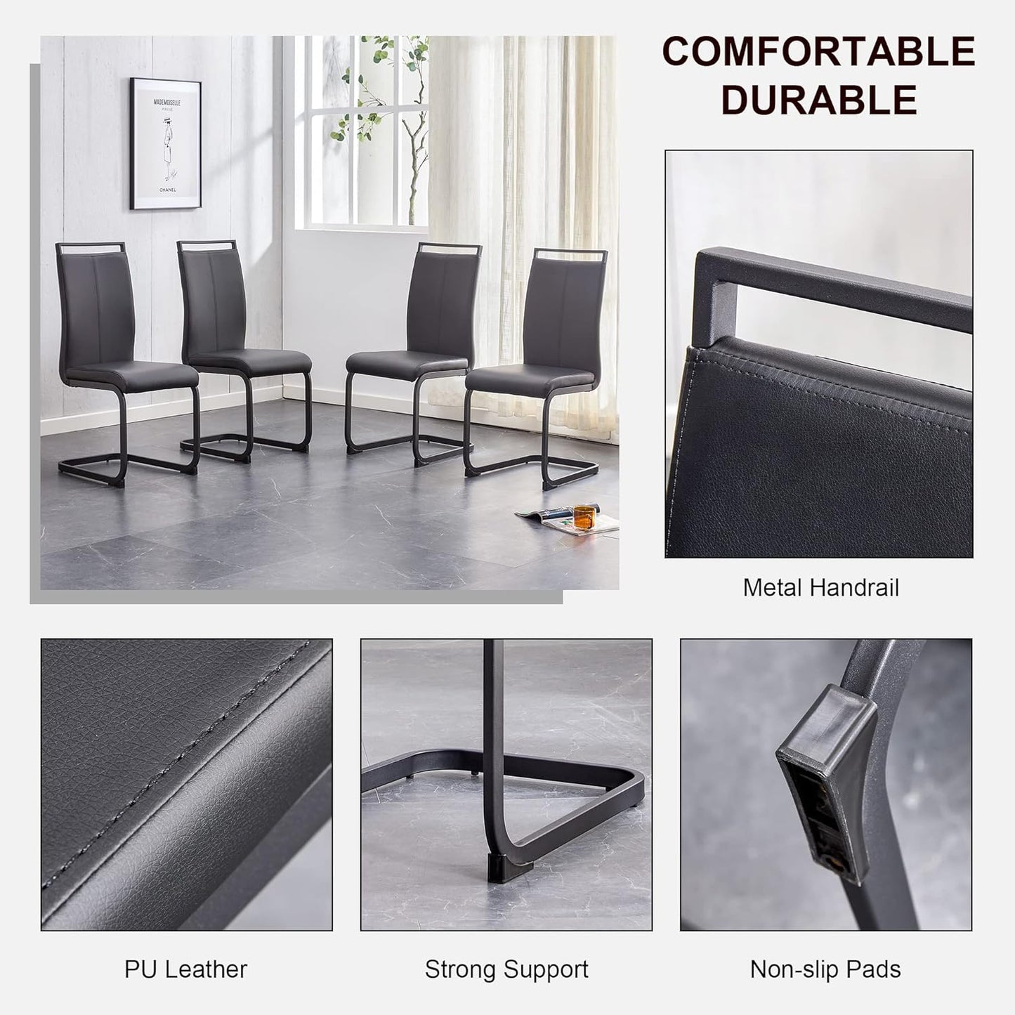 Modern Dining Chairs Set of 8, High Back Black Kitchen Chairs, Faux Leather Side Chair with Metal Legs, Easy to Clean Upholstered Dining Chairs, Ideal for Living Room(Black Leg)