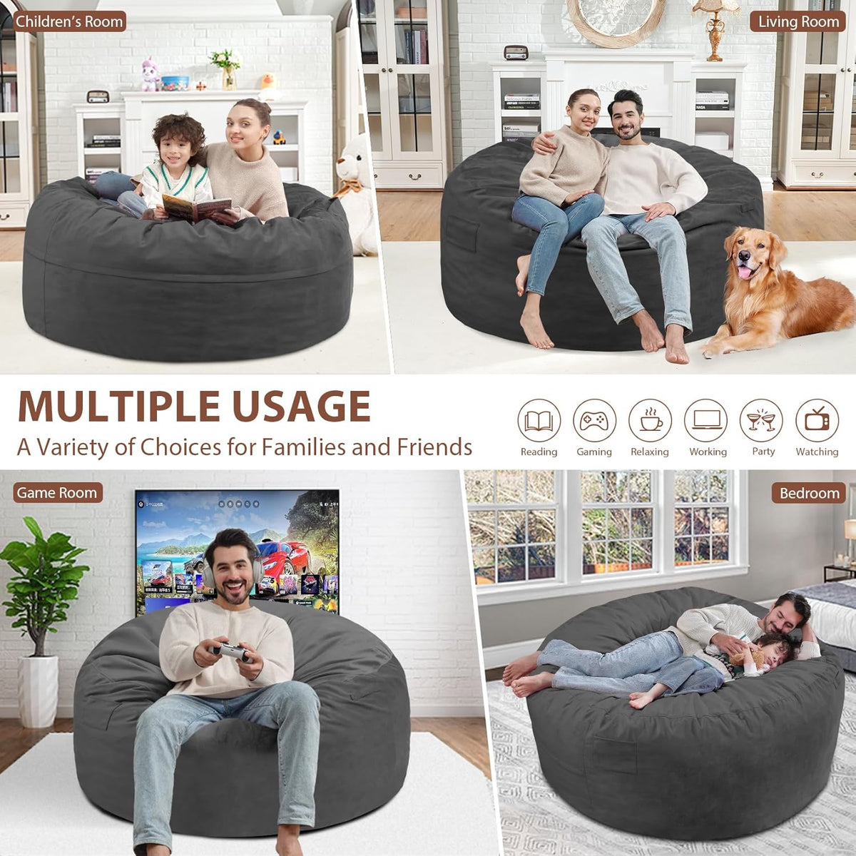 4FT Bean Bag Chair, Large Bean Bag Chairs with Memory Foam Filled, Fluffy Beanbag Sofa with Dutch Velvet Cover, Round BeanBag Chairs for Living Room, Playroom - Grey