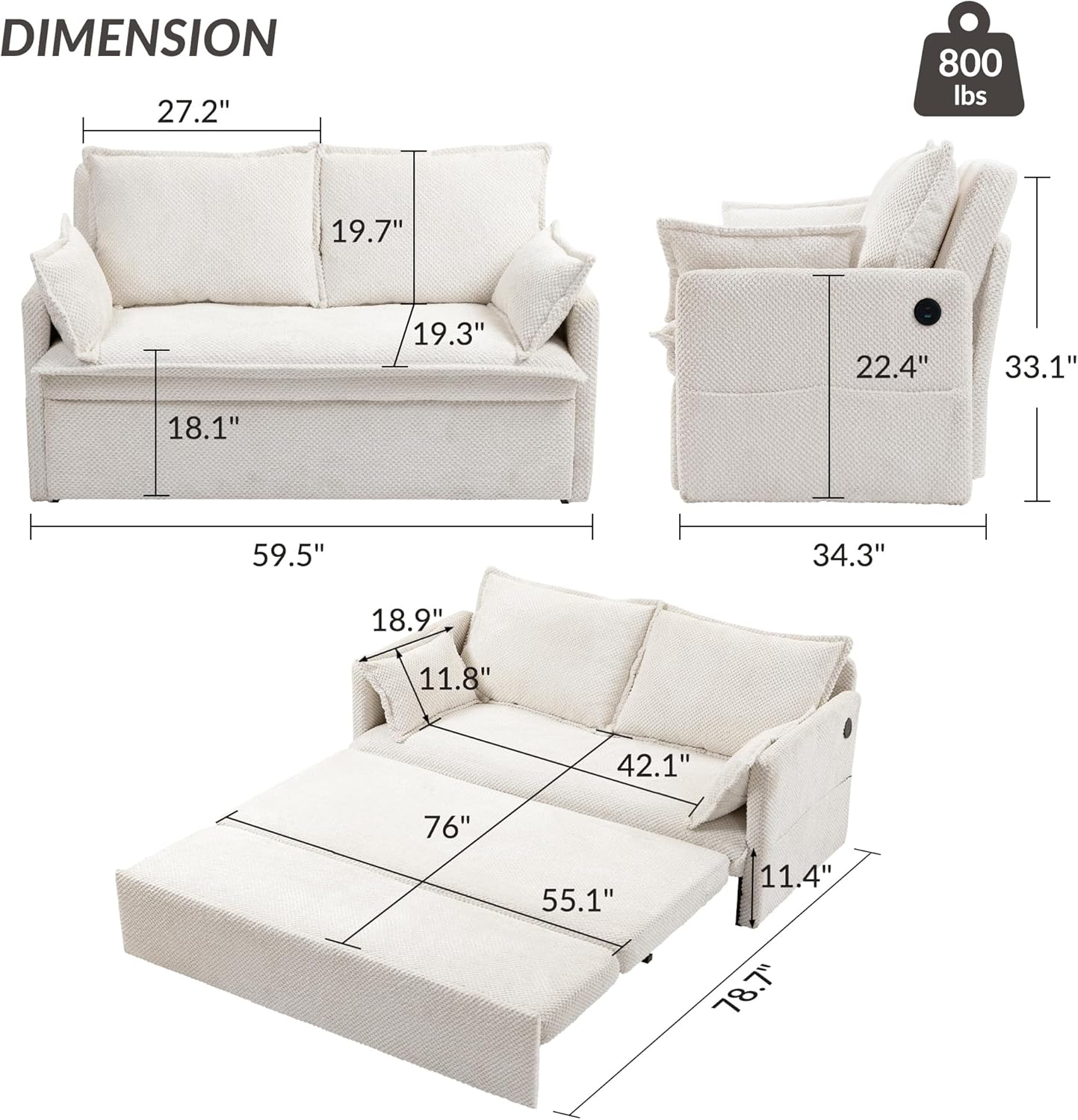 Furnimart 59.5" Queen Size Pull Out Sofa Bed, 3 in 1 Convertible Sleeper Bed with USB/C-Type Charging Ports & Side Pockets, Modern Futon Couch for Living Room, Apartment, RV, Corduroy White