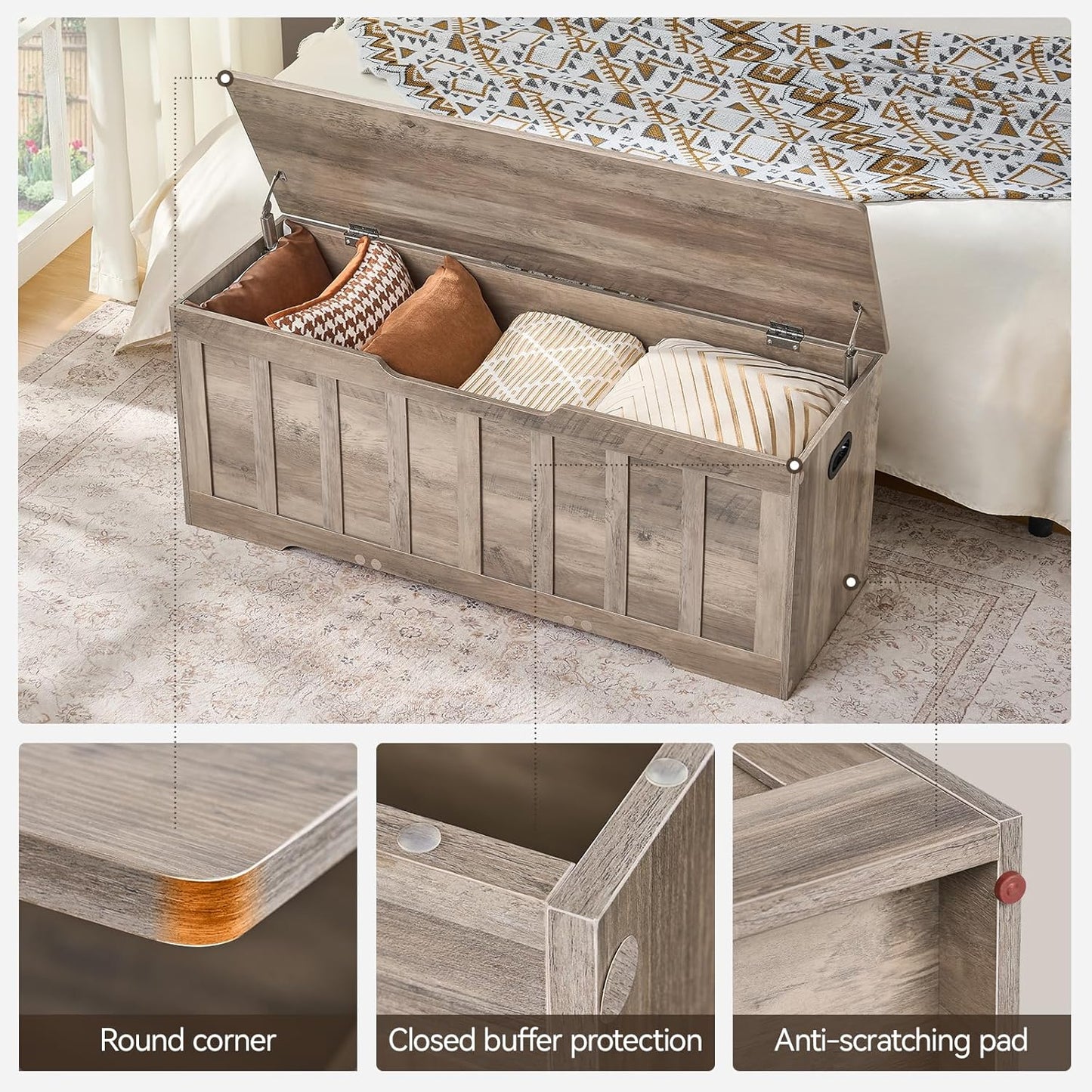 47.2" Storage Chest Extra Large,Storage Trunk with 2 Safety Hinges,Wooden Storage Bench,Shoe Bench,47.2x15.7x19.1 Inch,Easy Assembly,Storage Bench for Bedroom,Living Room,entryway(Greige).