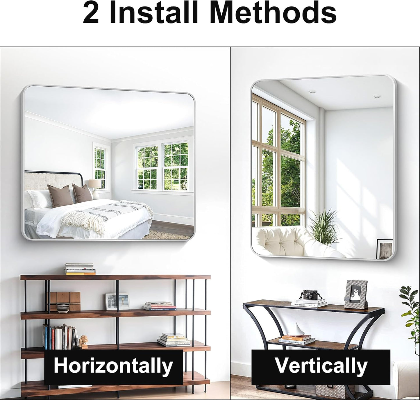 BONEWEI Silver Bathroom Mirror,40x48 inch Wall Mirror for Bathroom Wall Mounted,Rectangle Mirror for Bathroom Over Sink,Modern Frame Round Corner for Living Room,Bedroom Entryway,Horizontal/Vertical