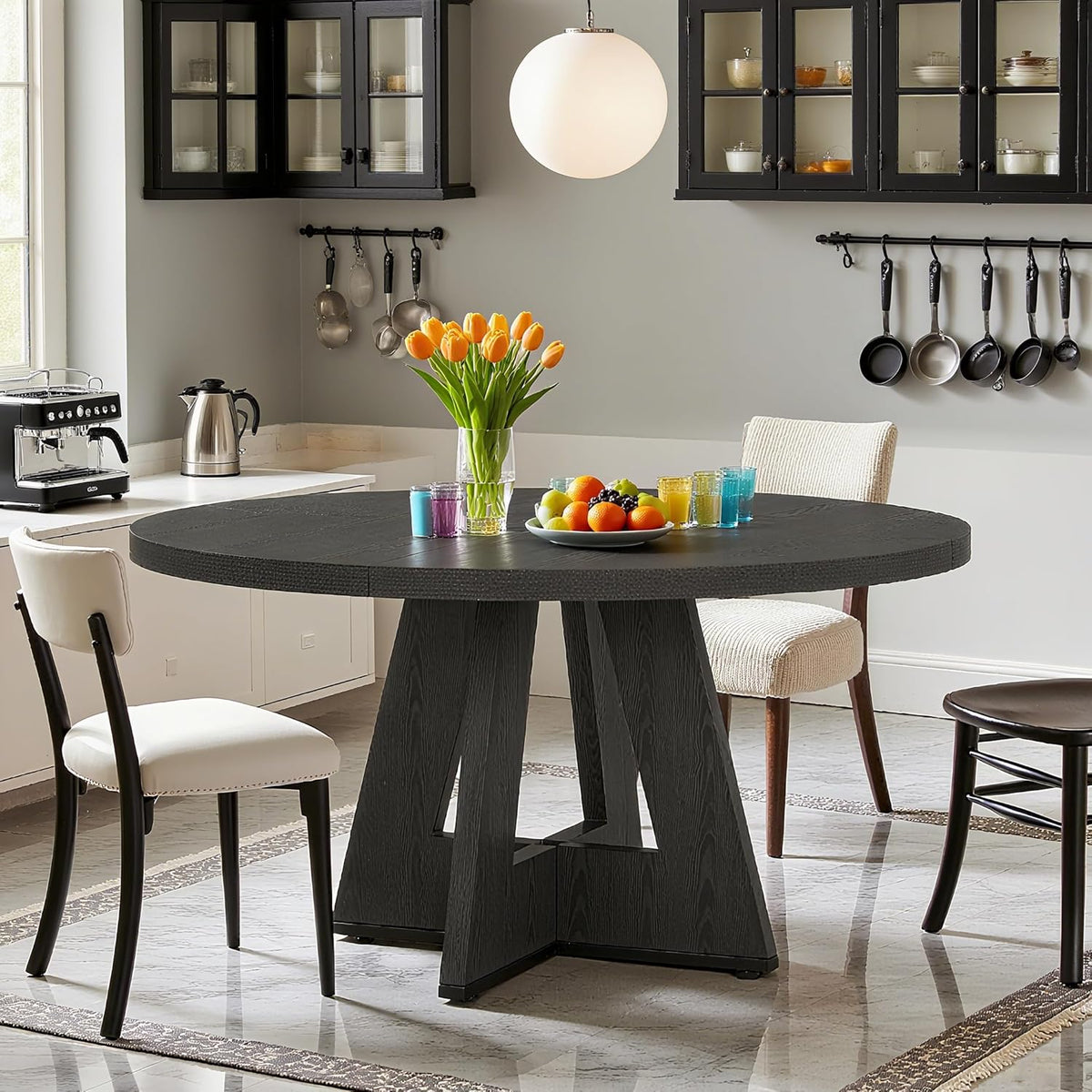 47" Round Dining Table for 4-6, Modern Dinner Table Farmhouse Round Small Kitchen Tables with Wooden Cross Base for Dining Room, Kitchen, Living Room, Black