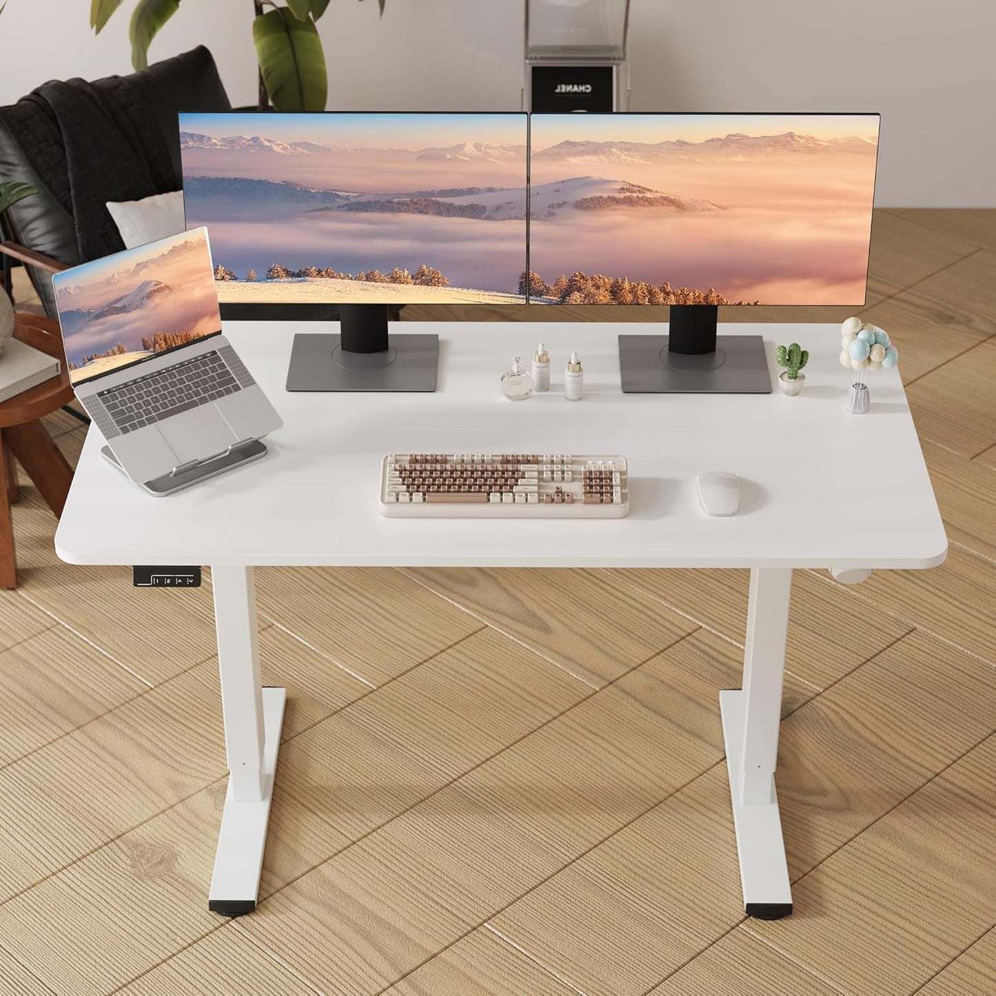 Electric Standing Desk Adjustable Height, 55x24 Inches Sit Stand up Desktop for Home Office, Ergonomic Rising Computer Table with Memory Preset, White