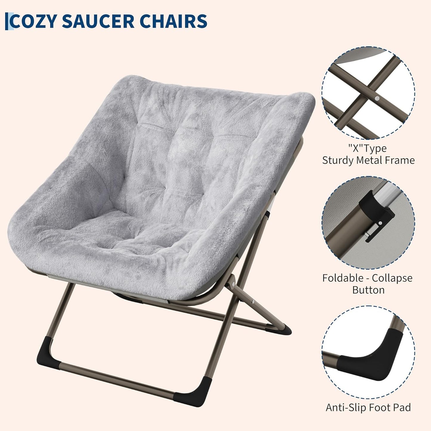 Comfy Chair for Adults, Foldable Living Room Chairs, Soft Faux Fur Folding Lounge for Bedroom Living Room Dorm Rooms, Flexible Reading Chair for Teens (2, Gray, X-Large)