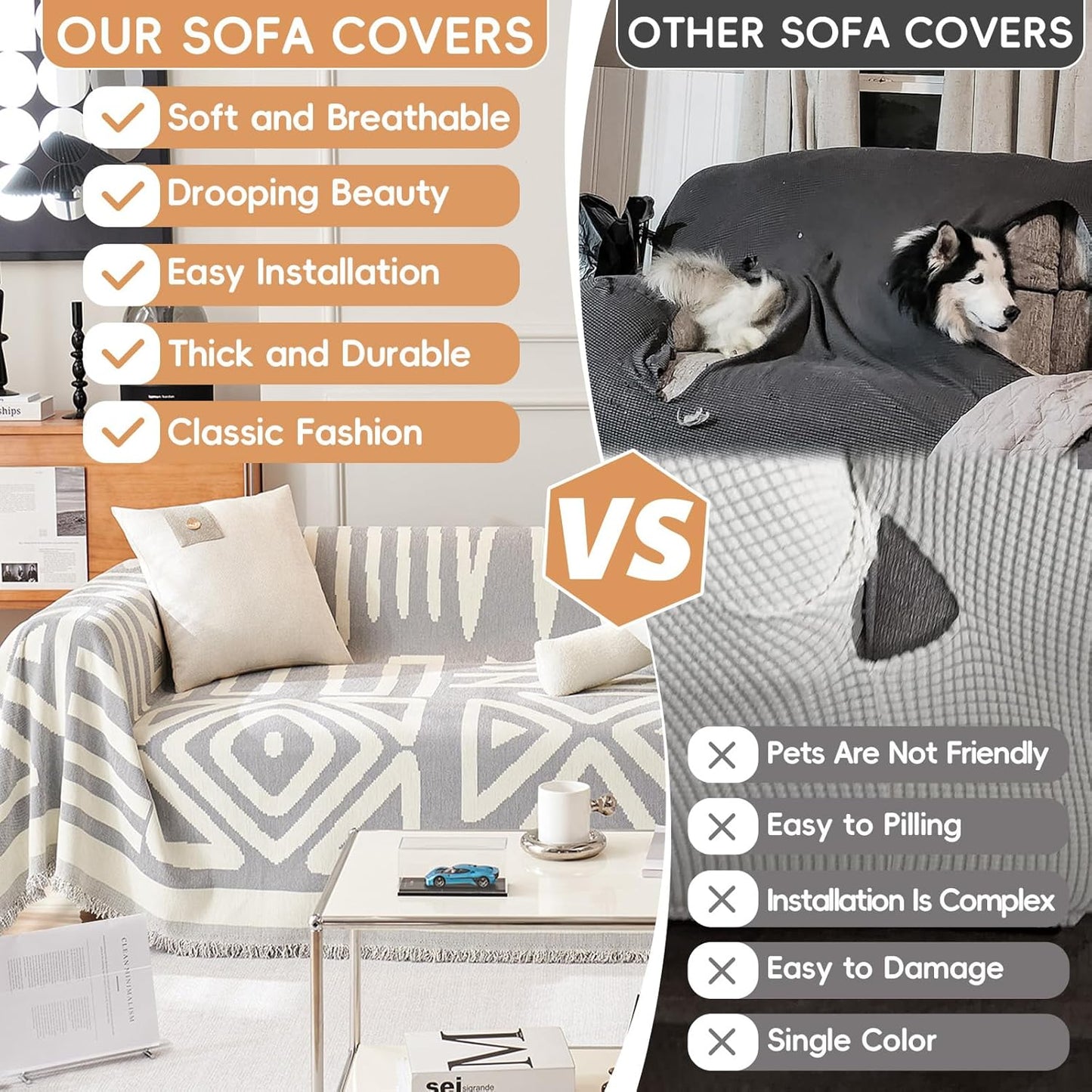 STACYPIK Boho Geometric Couch Cover for Dogs, Soft Chenille Gray Sofa Cover for 2 Cushion Couch, Non-Silp Loveseat Cover for Sectional, Washable Anti-Scratch Pet Furniture Protector Decor-71X118IN