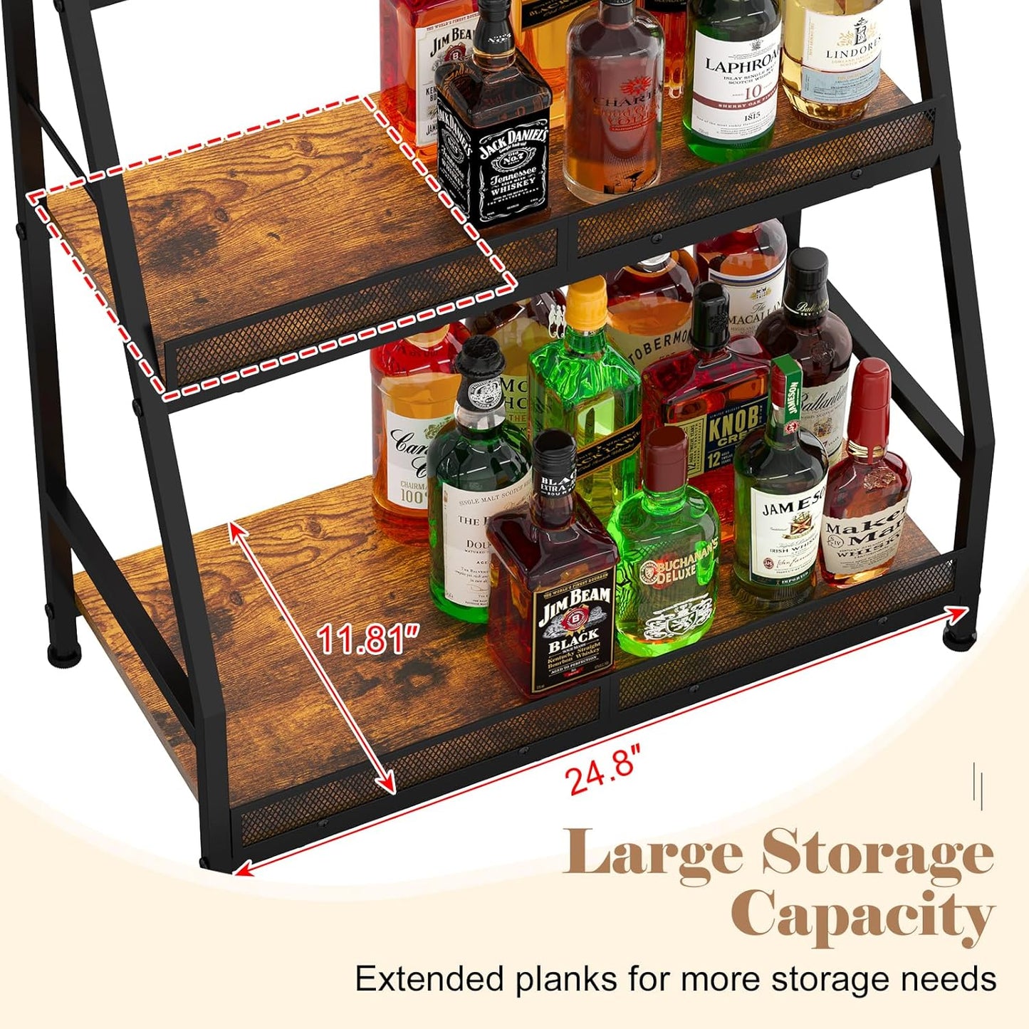 3-Tier Expanded Liquor Stand, Trapezoid Wine Rack Freestanding Floor, Large-Capacity Bar Stand for Liquor Whiskey Wine Storage, Vintage Liquor Cabinet Bar for Home(Patent Pending)