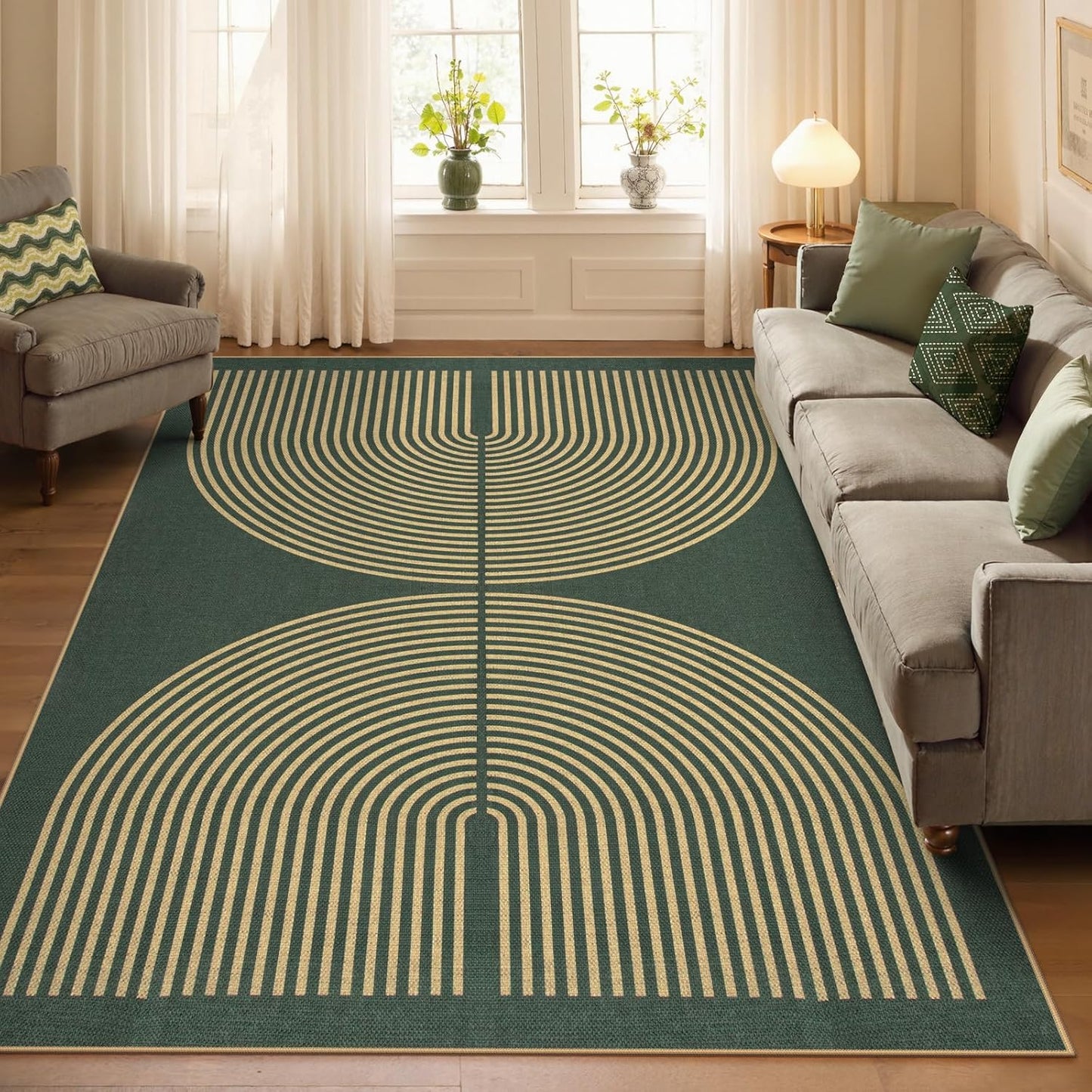 Lahome Modern Rainbow Easy Jute Indoor Outdoor Rugs, 5x7 Dark Green Rug for Living Room Office, Farmhouse Non Slip Non Shedding Floor Carpet for Dining Room Deck Sunroom