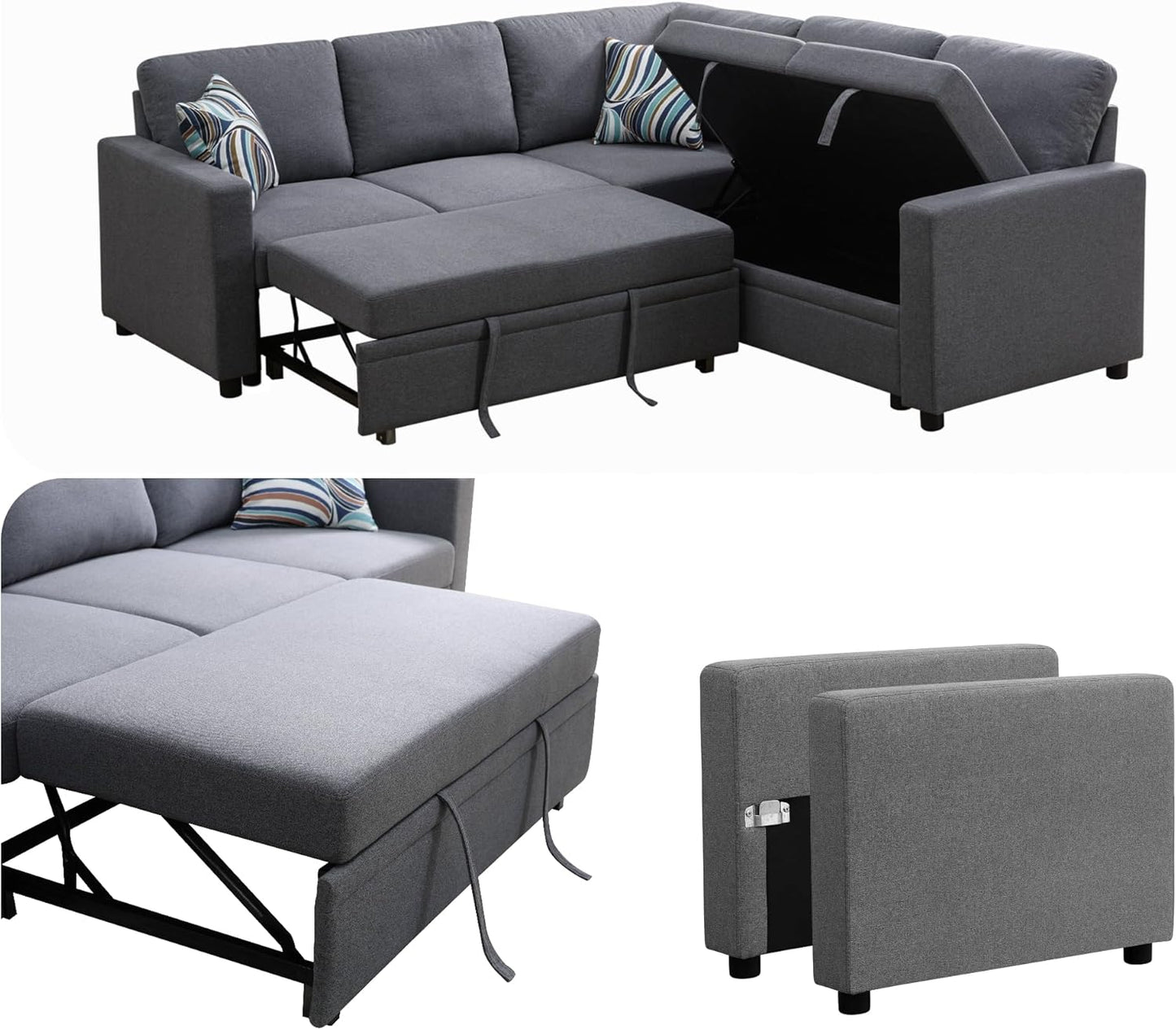 4-Piece L Shaped Sofa Set with Storage Chaise, Convertible Pull Out Couch with Movable Ottoman, Modular Sectional Sofa for Living Room, Apartment, Office, Gray