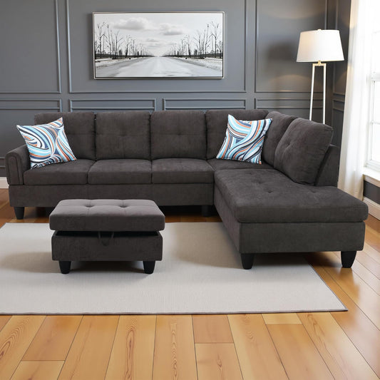 Couches for Living Room Modern L Shaped Couch Comfy Fluffy Fabric 3 Pieces Sectional Sofa with Chaise, Ottoman with Storage for Office and Small Apartment, Dark Brown