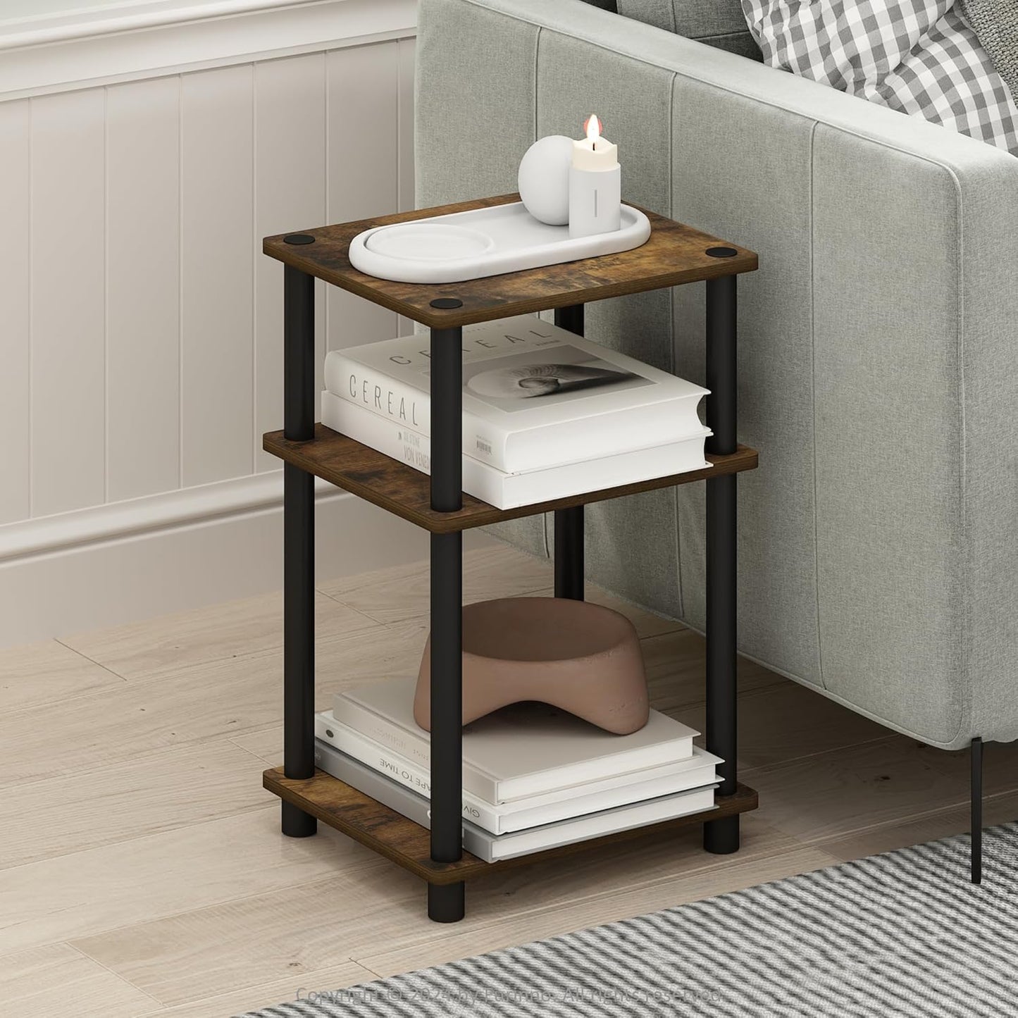 Furinno Just 3-Tier Turn-N-Tube End Table, 1-Pack, Amber Pine/Black