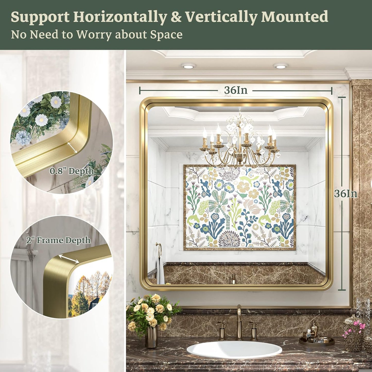 TokeShimi 36x36 Inch Gold Bathroom Vanity Mirror for Wall Rectangle Mirror with Non-Rusting Aluminum Alloy Brushed Matte Metal Frame for Modern Farmhouse Home Decor (Horizontal/Vertical)