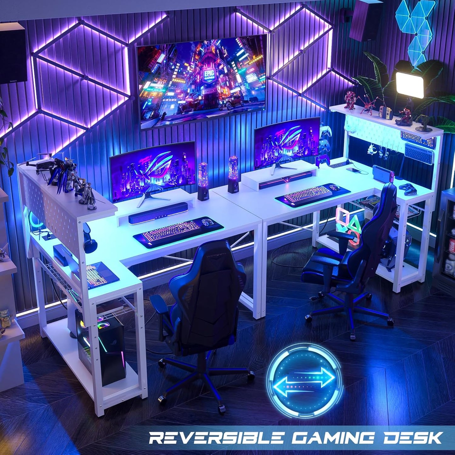 Homieasy Small Gaming Desk with Power Outlets Pegboard LED Light, 43 Inch L Shaped Computer Desk with Monitor Stand Storage Shelves, Reversible Corner Desk with Headset Hooks, White