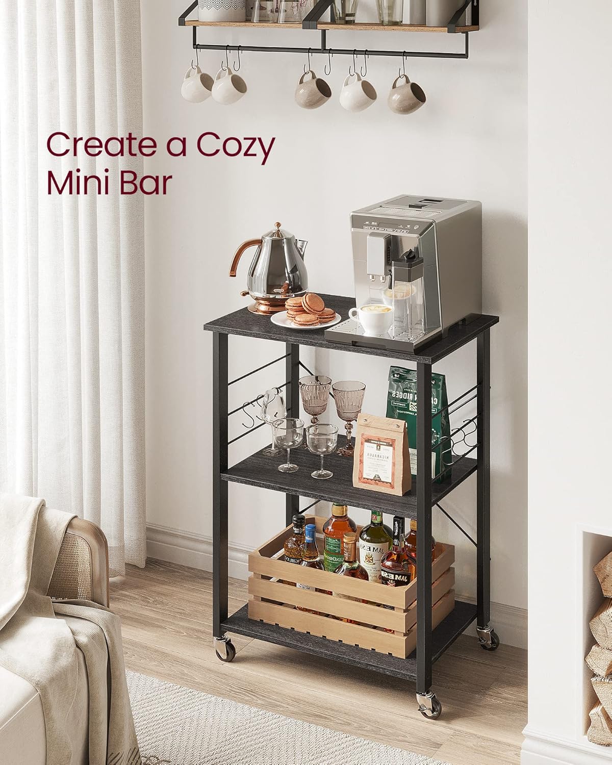 VASAGLE Kitchen Shelf on Wheels, Serving Cart with 3 Shelves, Kitchen Cart, Microwave Shelf, for Mini Oven, Toaster, with 6 Hooks, Industrial Stylee, Ebonized Oak Finish and Black UKKS060B42