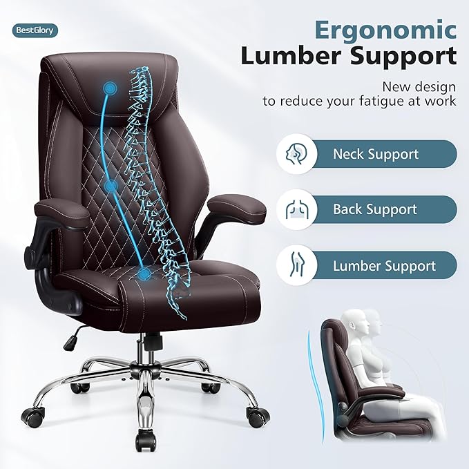 Office Chair, Ergonomic High Back Home Office Desk Chair, Big and Tall Breathable Leather Office Chair with Lumbar Support Flip-Up Armrests, Computer Chair with Rocking Function