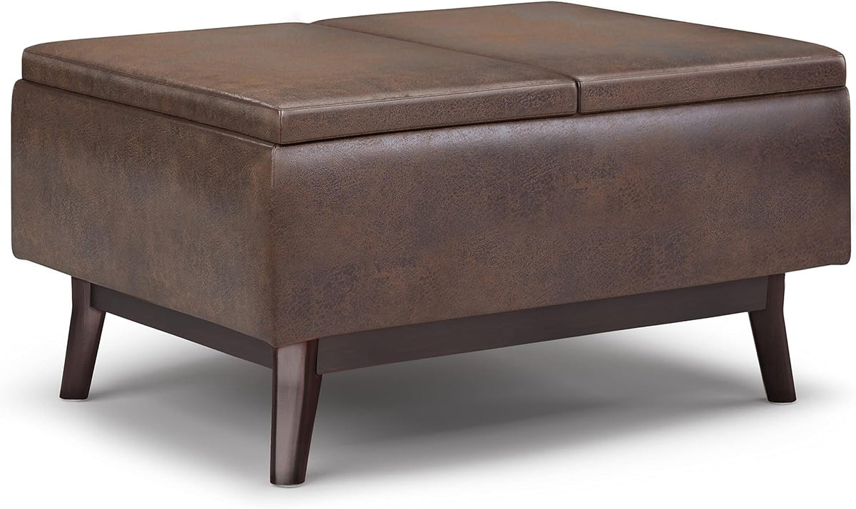 SIMPLIHOME Owen 34 inch Wide Mid Century Modern Rectangle Coffee Table Storage Ottoman Distressed Chestnut Brown/Flip Over Tray top