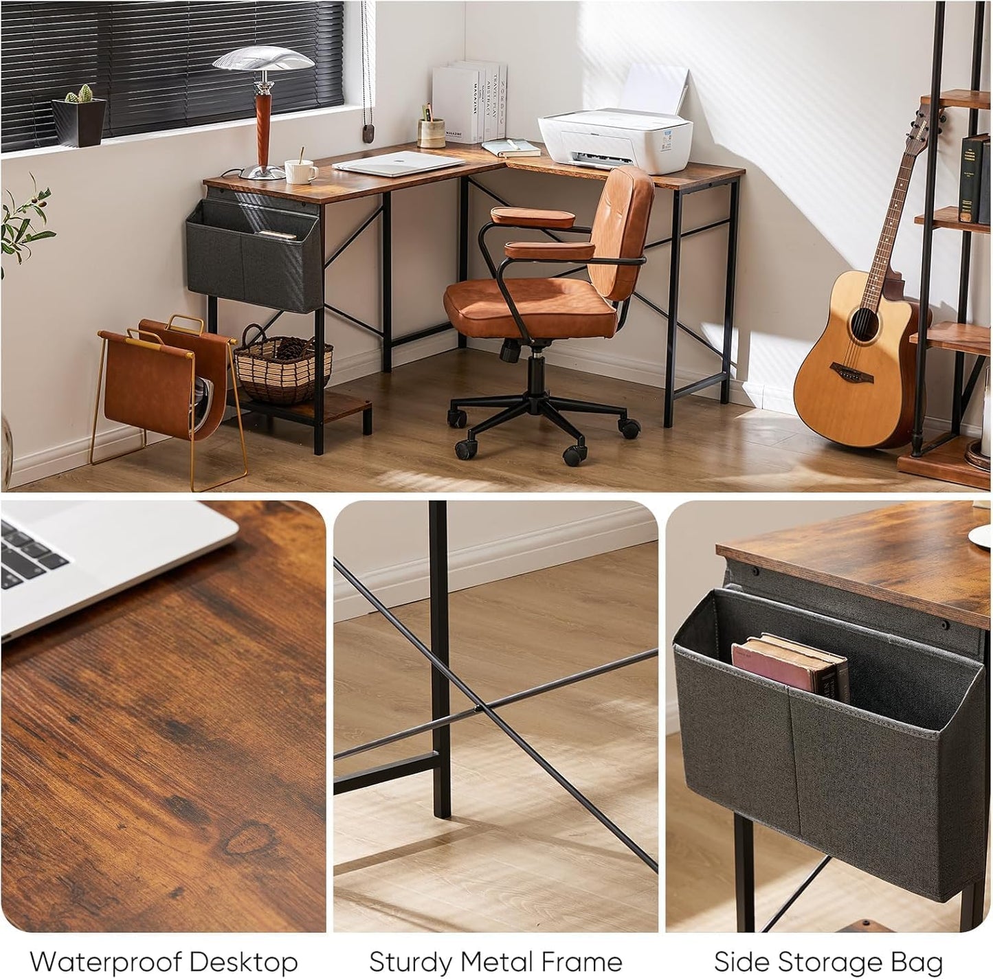 Whitmor L Shaped Gaming Desk - 50 Inch Reversible Corner Computer Desk with Wood Top, Metal Frame, CPU Stand & Side Bag, Home Office Dorm Sturdy Writing Workstation, Brown