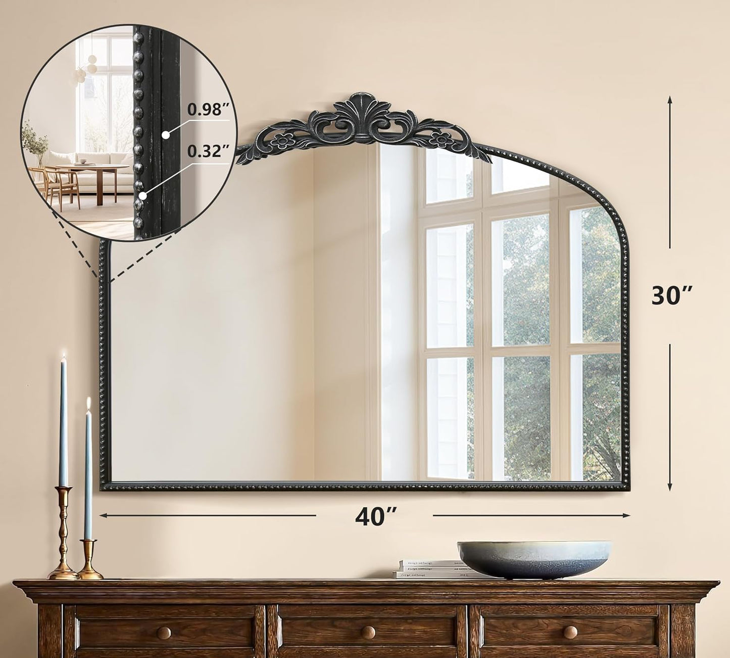 Micasso Black Large Vintage Mirror, 40"x 30" French Baroque Antique Arched Wall Mounted Mirror Decorative Ornate Entryway Mirror for Wall Decor, Living Room, Hallway