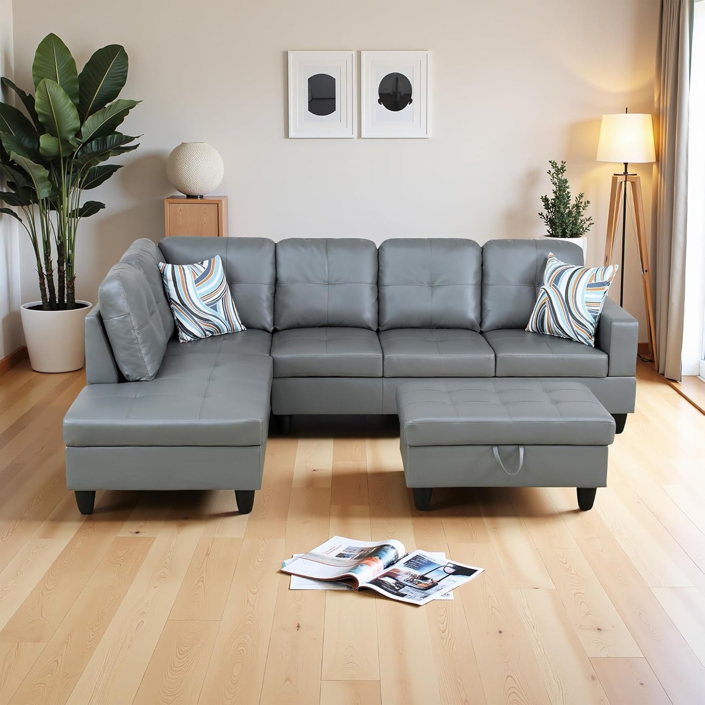 Osparple L Shaped Couch PU Leather Sectional Couches for Living Room Upholstered 3 Pieces Modular Sectional Sofa with Chaise, Ottoman with Storage for Living Room and Small Apartment, Dark Grey