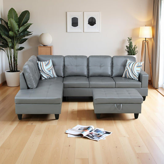 Osparple L Shaped Couch PU Leather Sectional Couches for Living Room Upholstered 3 Pieces Modular Sectional Sofa with Chaise, Ottoman with Storage for Living Room and Small Apartment, Dark Grey