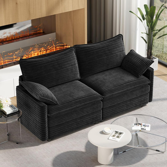 Vesgantti 74" Loveseat Sofa for Living Room, Comfy Cloud Couch Deep Seat Corduroy Modern 2 Seater Small Sofa with Armrest Pillow, Easy Assembly for Small Spaces, Black