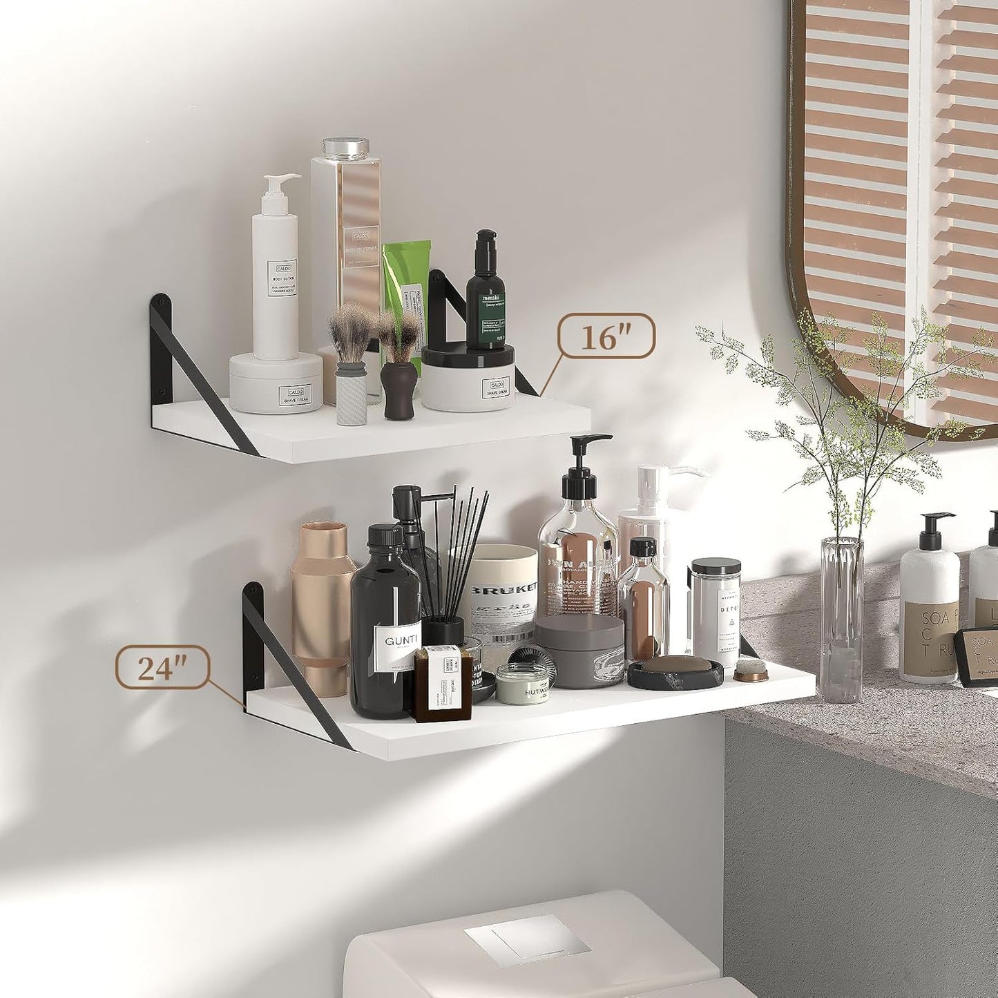 SAUMONIER Floating Shelves Bookshelf for Bedroom Bathroom Living Room Wood Wall Mounted Wide Deep Storage, White Painted 24 Inch Shelves Set of 2