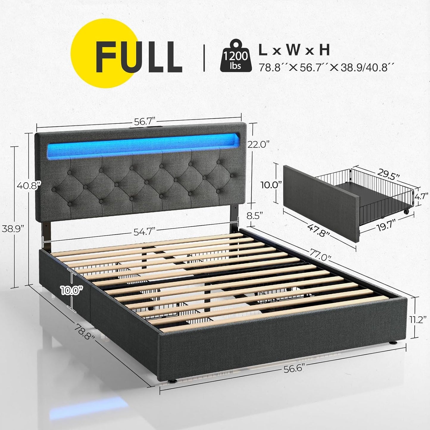 Rolanstar Full Size Bed Frame with 4 Storage Drawers and Charging Station, Full Bed with Led Lights, 2 USB & 1 Type C, Adjustable Headboard 38.9/40.9 Inches, No Box Spring Needed, Grey