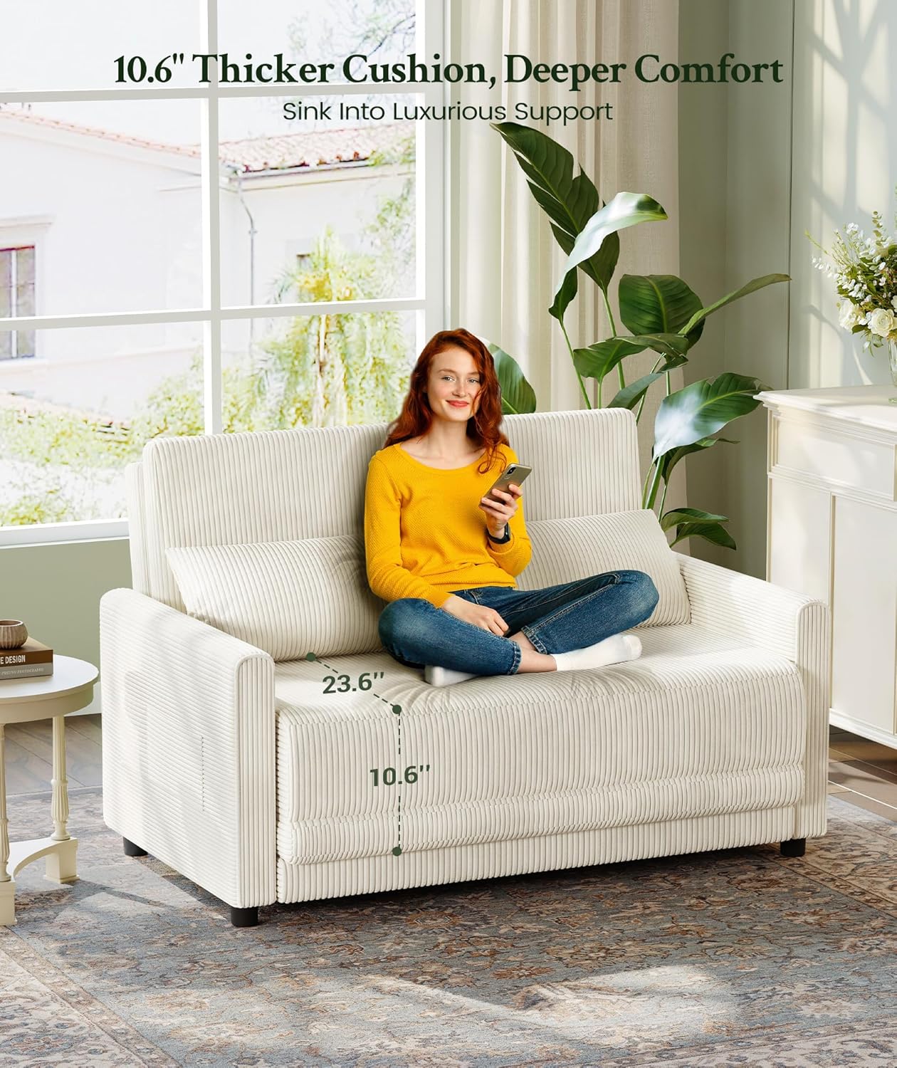 53” Convertible Sofa Bed Couch, Corduroy Couch Bed, 6-Position Loveseat Sleeper Sofa, Love Seat Sleeper Bed 23.6" Extra Deep Seat, Modern Couches for Living Room/Apartment/Home/Office, Beige