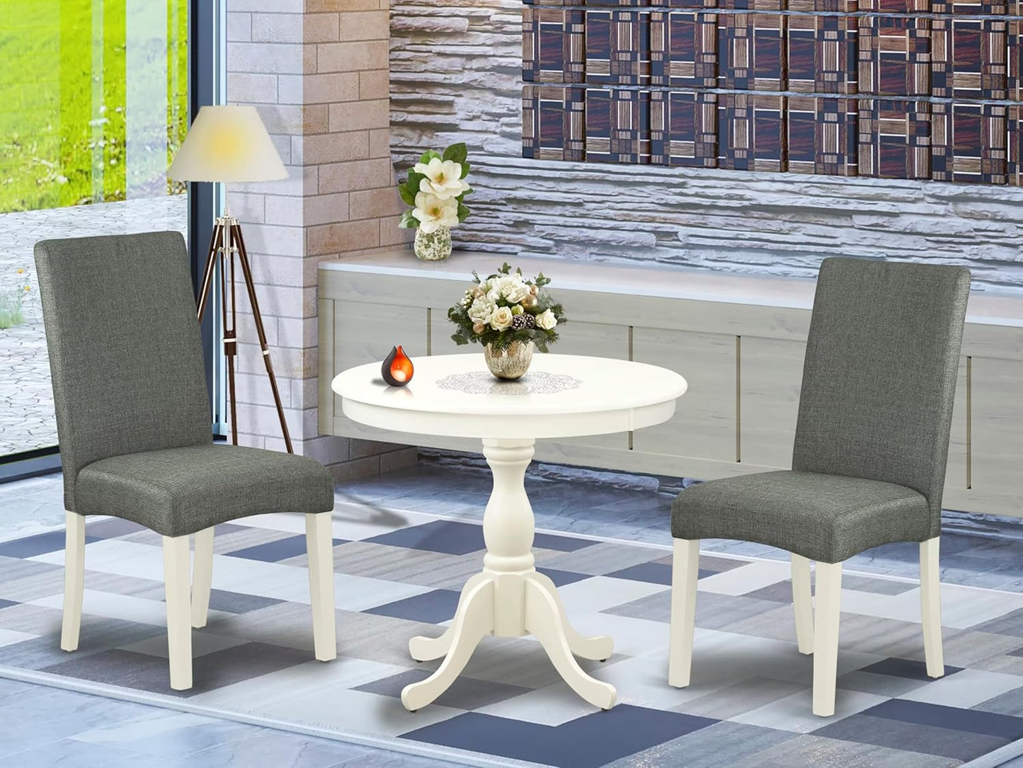 East West Furniture AMDR3-LWH-07 3 Piece Dining Table Set for Small Spaces Contains a Round Kitchen Table with Pedestal and 2 Gray Linen Fabric Upholstered Chairs, 36x36 Inch, Linen White