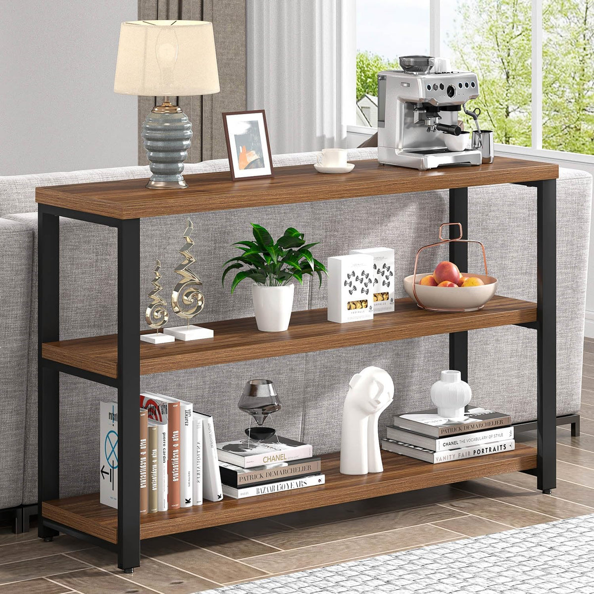 EXCEFUR 47" Entryway Table, Industrial Console Table for Living Room & Hallway, 3-Tier Storage Sofa Table Behind Couch, Walnut