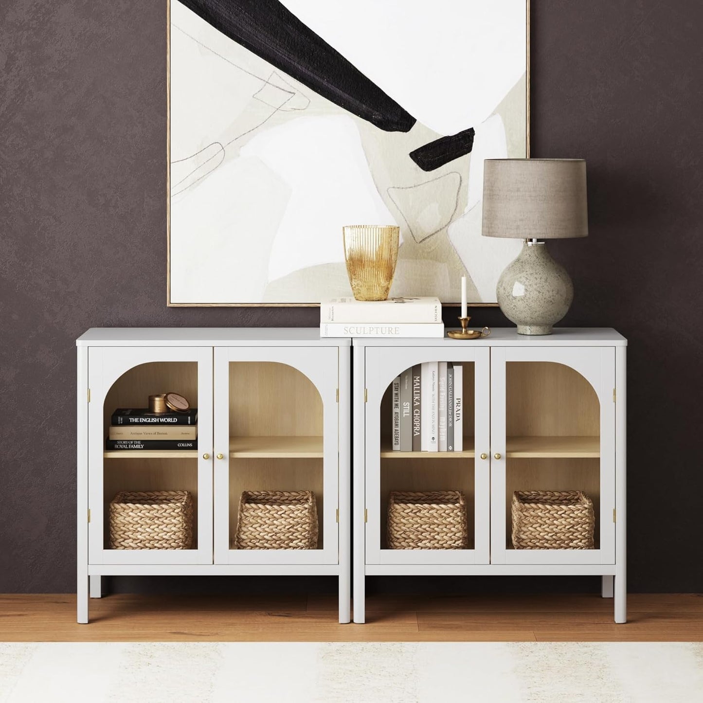 Nathan James Mason Wood Storage Cabinet Accent Sideboard Buffet Credenza TV Stand with Glass Doors and Adjustable Shelf for Dining Room, Entryway or Living Room, Clear Glass/White/Light Oak, Set of 2